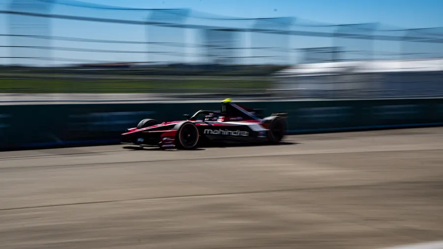 Formula E car at speed, panning shot at Berlin Tempelhof