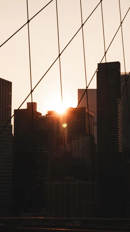 Brooklyn Bridge cables and Manhattan skyline at sunset
