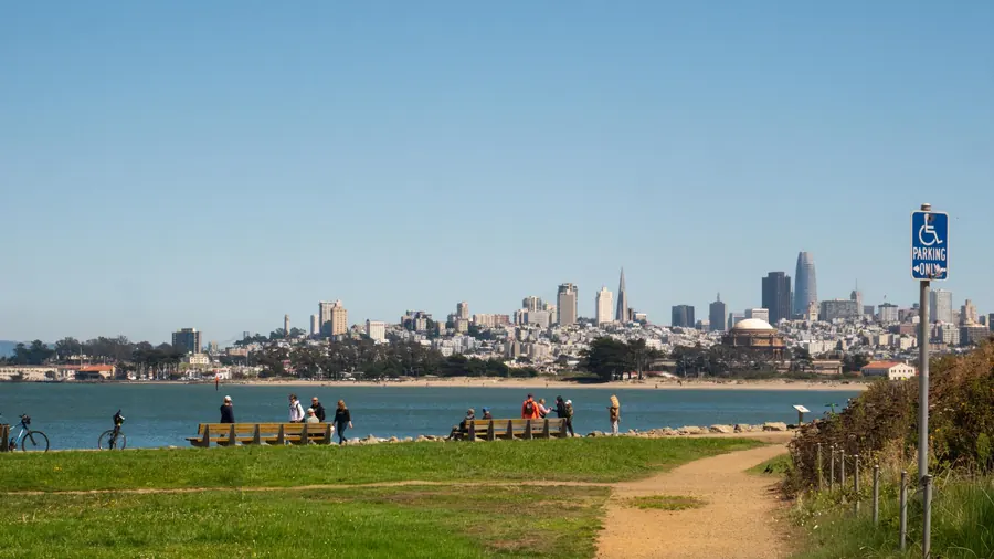 San Francisco skyline seen from a park on the bay