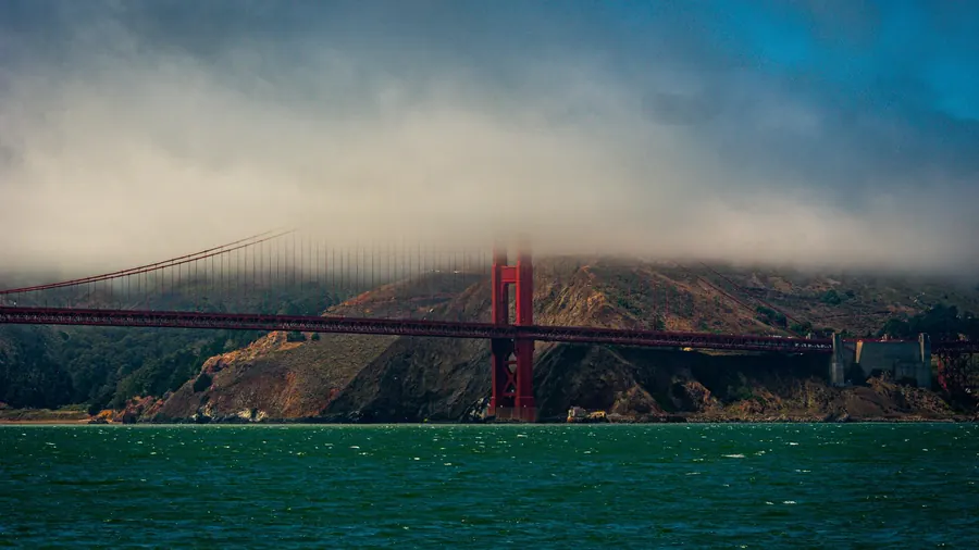 Golden Gate Bridge in low clouds over San Francisco Bay